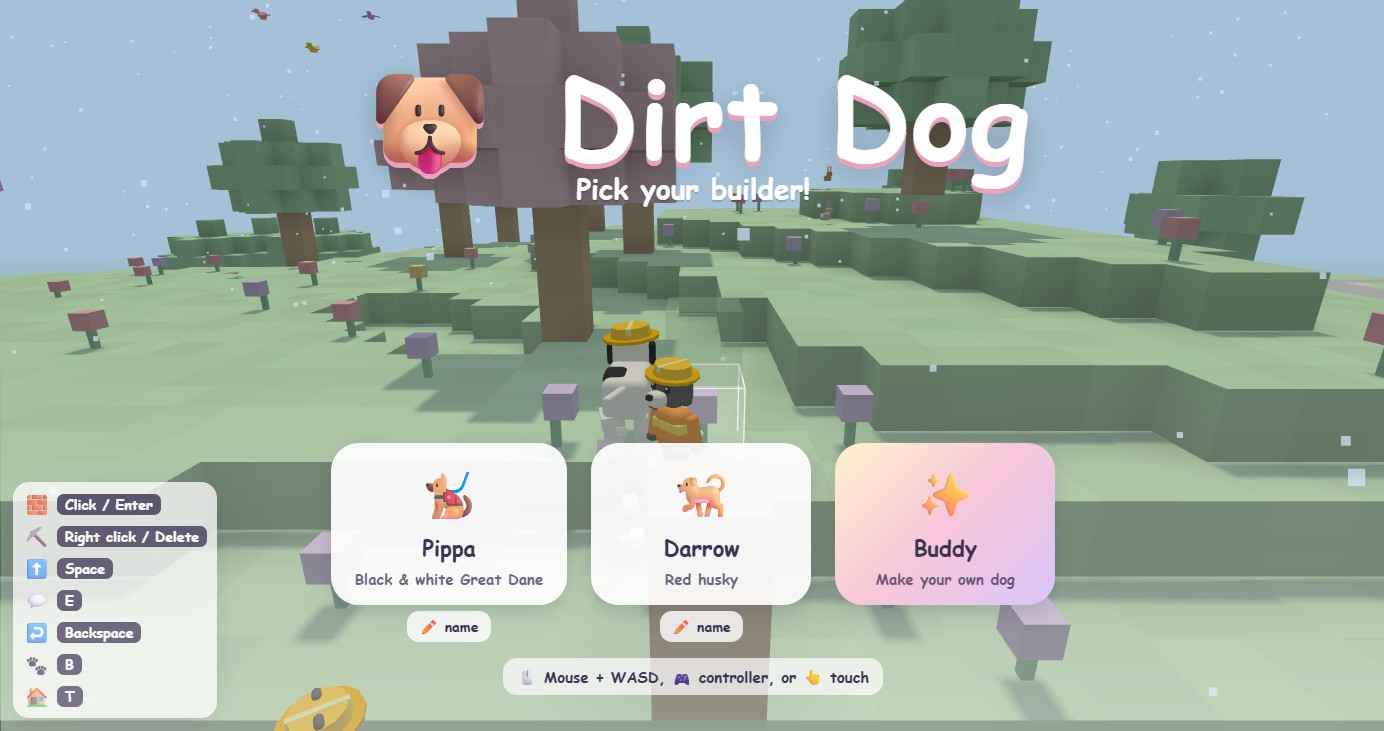 The title screen with three dog cards